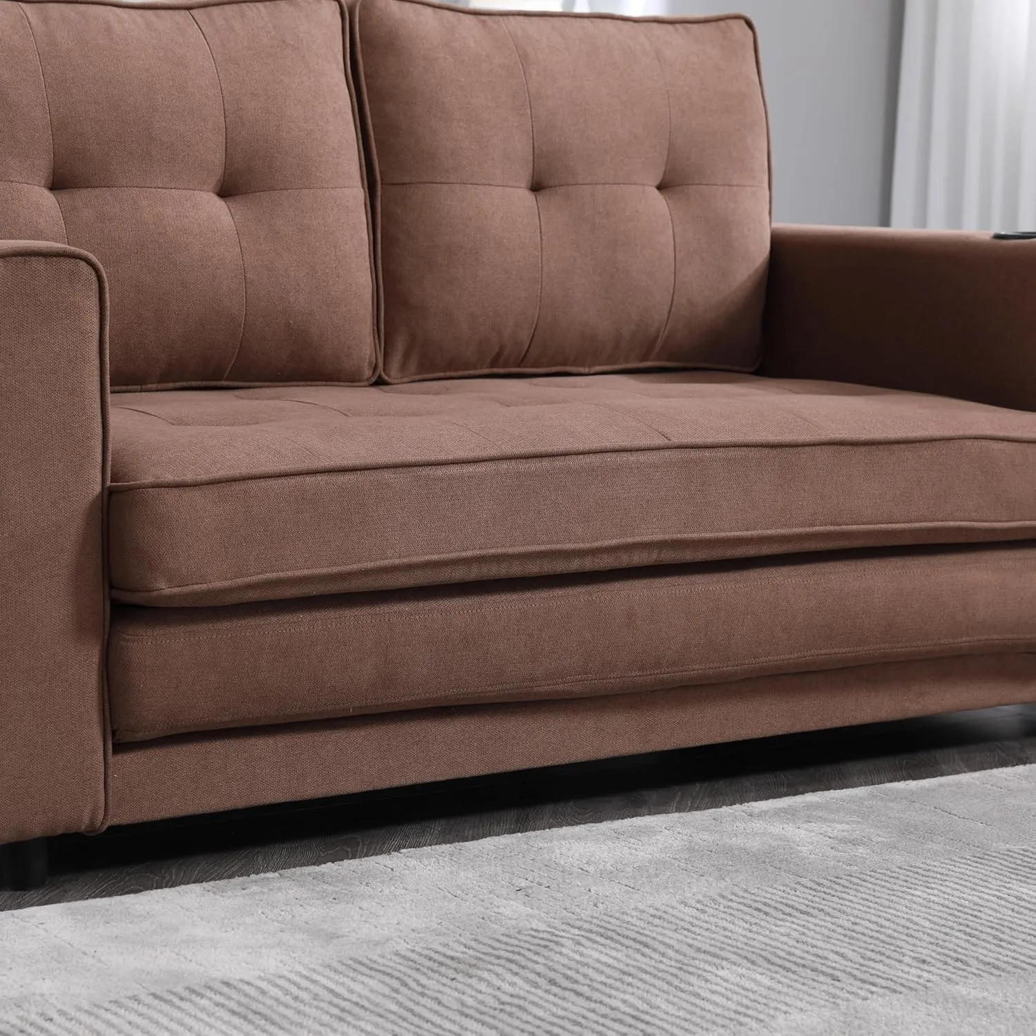 3 Fold Tufted Upholstered Futon Sofa Bed Modern Convertible Foldable Loveseat Floor Sofabed with Pull Out Sleeper Couch Daybed W/Cupholders and Pockets for Living Room
