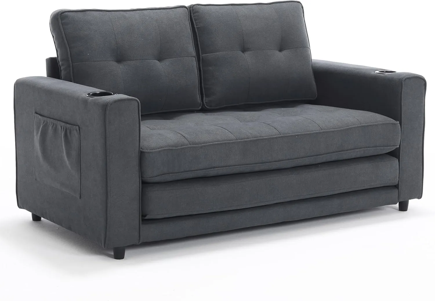 3 Fold Tufted Upholstered Futon Sofa Bed Modern Convertible Foldable Loveseat Floor Sofabed with Pull Out Sleeper Couch Daybed W/Cupholders and Pockets for Living Room
