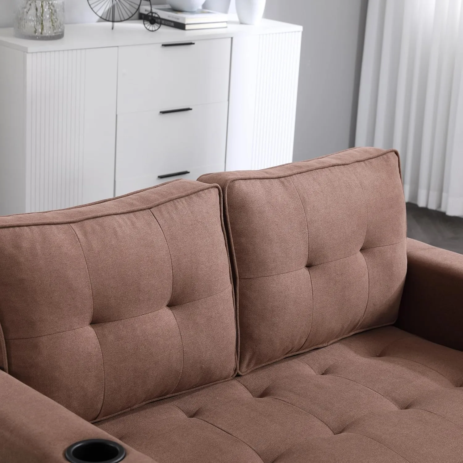 3 Fold Tufted Upholstered Futon Sofa Bed Modern Convertible Foldable Loveseat Floor Sofabed with Pull Out Sleeper Couch Daybed W/Cupholders and Pockets for Living Room