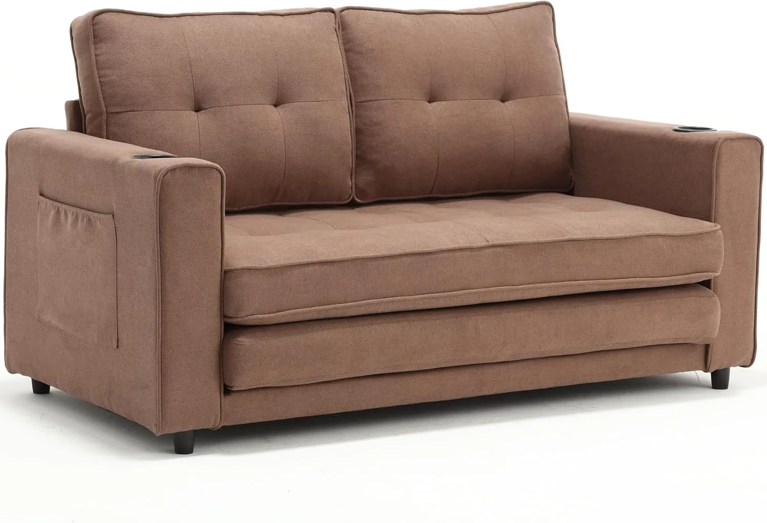 3 Fold Tufted Upholstered Futon Sofa Bed Modern Convertible Foldable Loveseat Floor Sofabed with Pull Out Sleeper Couch Daybed W/Cupholders and Pockets for Living Room