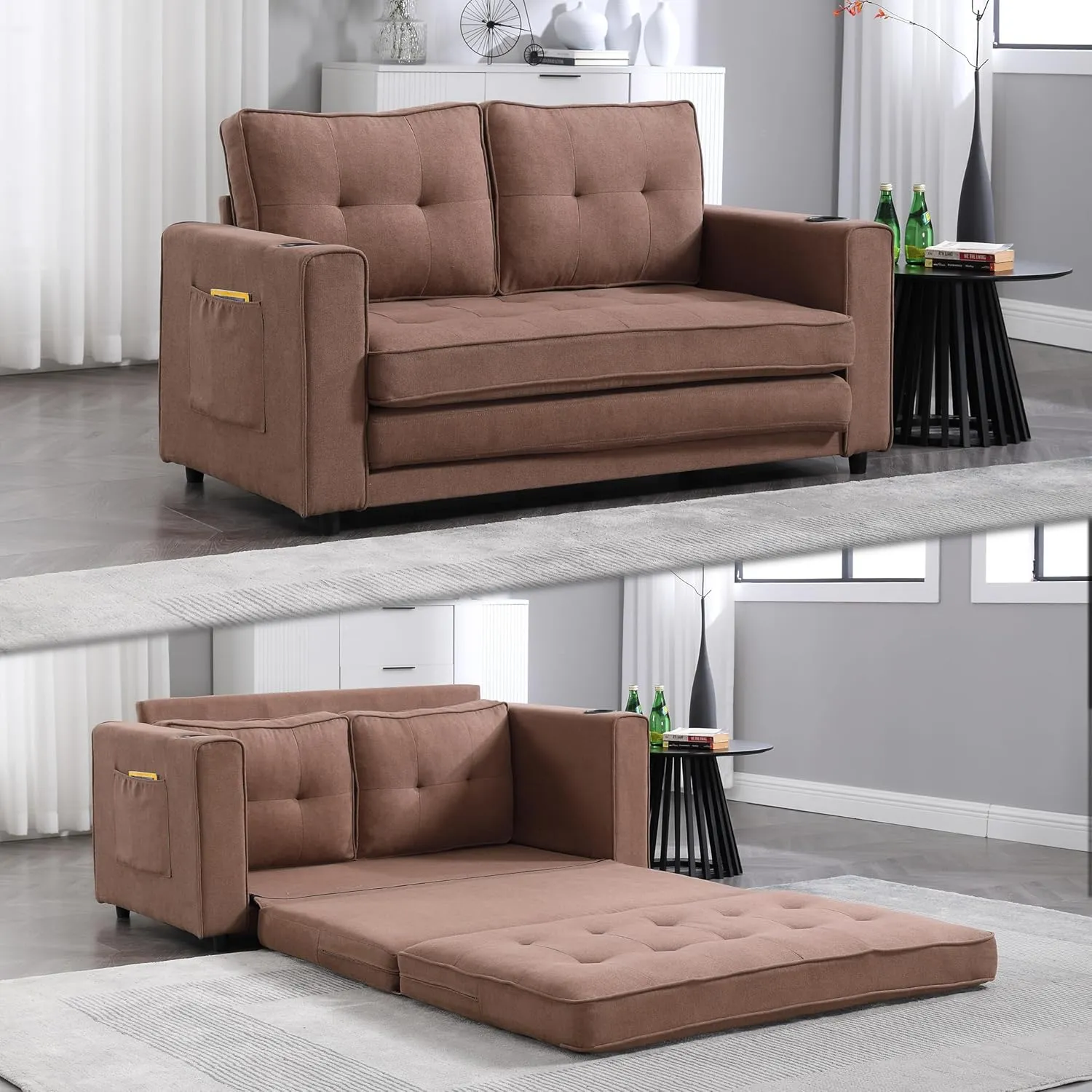3 Fold Tufted Upholstered Futon Sofa Bed Modern Convertible Foldable Loveseat Floor Sofabed with Pull Out Sleeper Couch Daybed W/Cupholders and Pockets for Living Room
