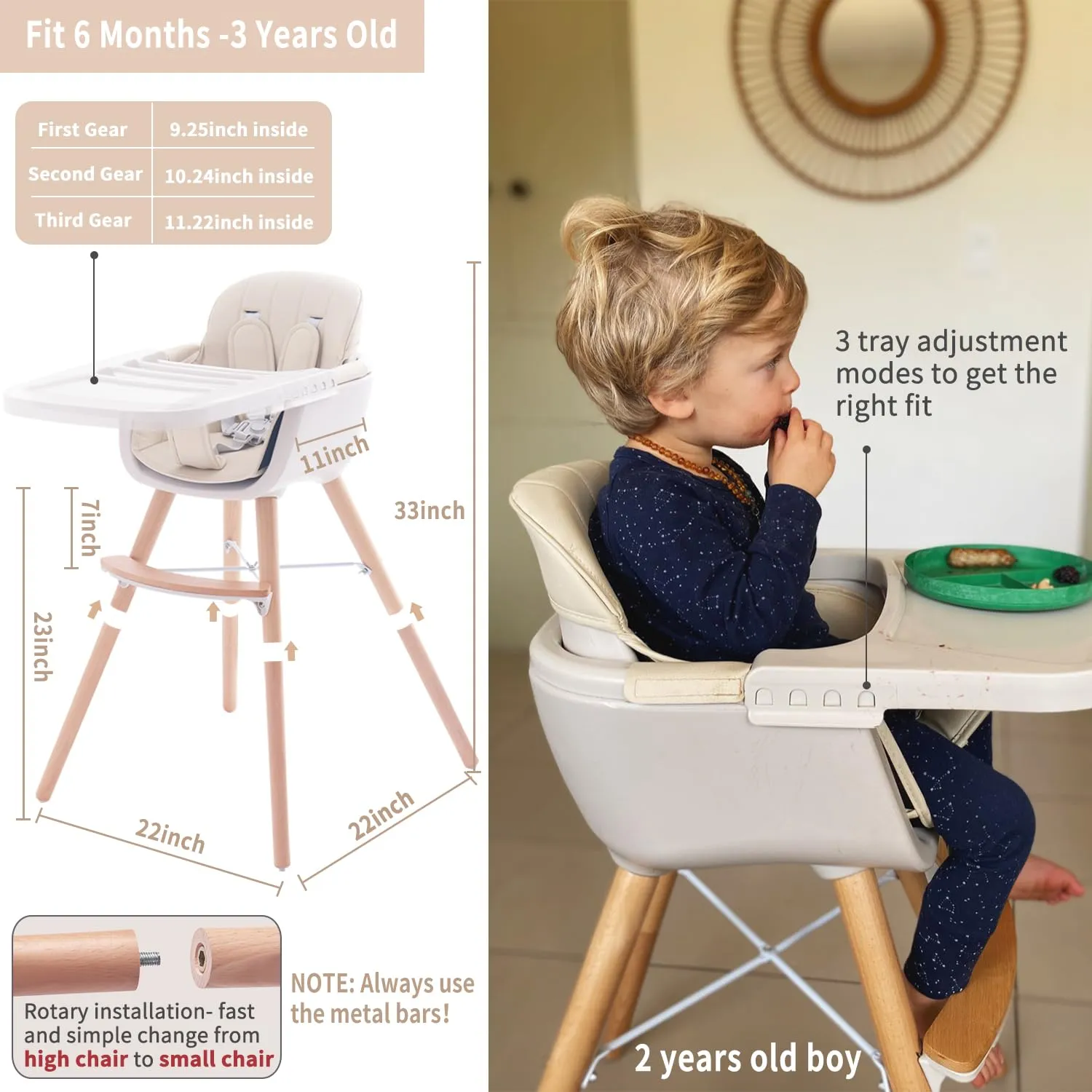 3-in-1 Convertible Wooden High Chair, High Chairs for Babies and Toddlers, Baby High Chair with Adjustable Legs & Dishwasher Safe Tray, Made of Sleek Hardwood & Premium Leatherette, Beige Color