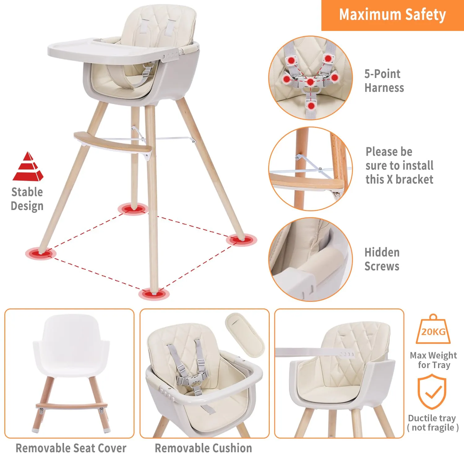 3-in-1 Convertible Wooden High Chair, High Chairs for Babies and Toddlers, Baby High Chair with Adjustable Legs & Dishwasher Safe Tray, Made of Sleek Hardwood & Premium Leatherette, Beige Color