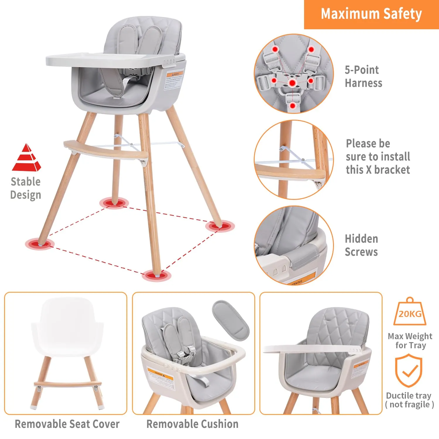3-in-1 Convertible Wooden High Chair, High Chairs for Babies and Toddlers, Baby High Chair with Adjustable Legs & Dishwasher Safe Tray, Made of Sleek Hardwood & Premium Leatherette, Gray Color