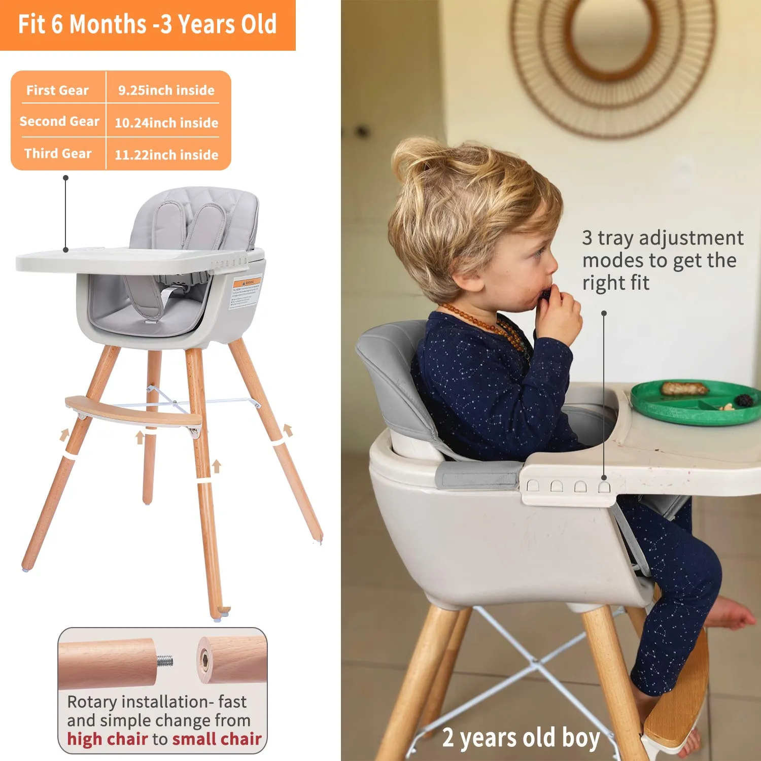 3-in-1 Convertible Wooden High Chair, High Chairs for Babies and Toddlers, Baby High Chair with Adjustable Legs & Dishwasher Safe Tray, Made of Sleek Hardwood & Premium Leatherette, Gray Color