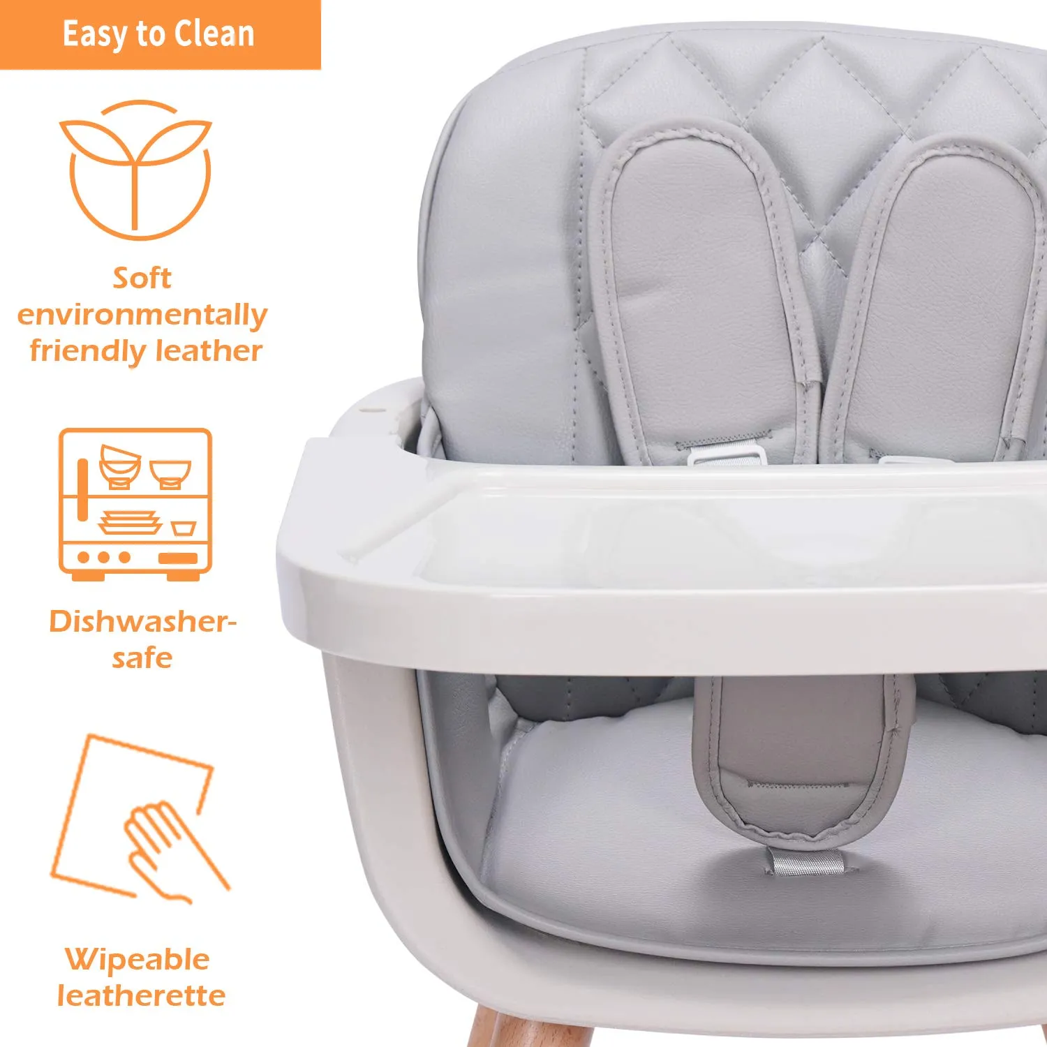 3-in-1 Convertible Wooden High Chair, High Chairs for Babies and Toddlers, Baby High Chair with Adjustable Legs & Dishwasher Safe Tray, Made of Sleek Hardwood & Premium Leatherette, Gray Color