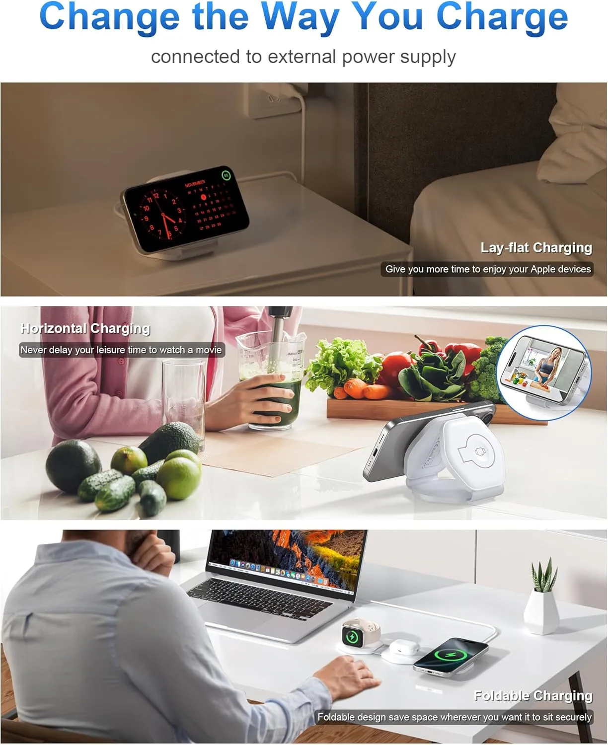 3 in 1 Wireless Charging Station for Apple Multiple Devices, Foldable Magnetic Fast Travel Charger, Compatible with MagSafe iPhone 16 15 14 13 12 Apple Watch & AirPod, Gift for Women