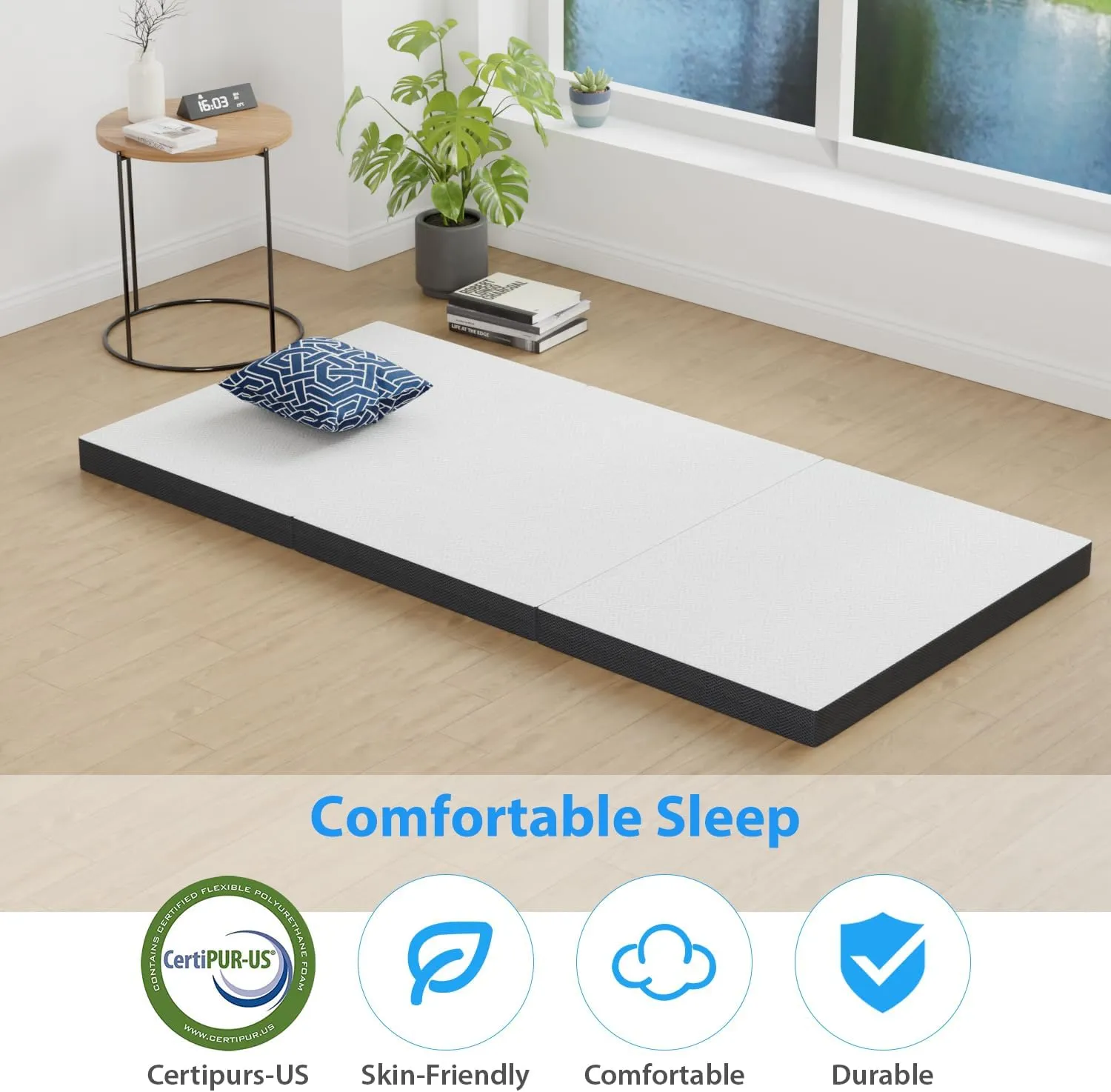 3 inch Memory Foam Tri Folding Mattress/Portable Foldable Mattress Topper with Washable Cover Non-Slip Bottom for Camping, Guest, Floor RV, CertiPUR-US Certified,Twin