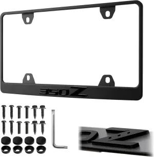 350Z License Plate Frame – Stealth Black Powder Coat UV Resistant Stainless Metal Plate Holder - One Piece - Compatible with 2003-2009 350 Z / Z33 Fairlady (3D Raised Letters with MOUNTING Hardware)