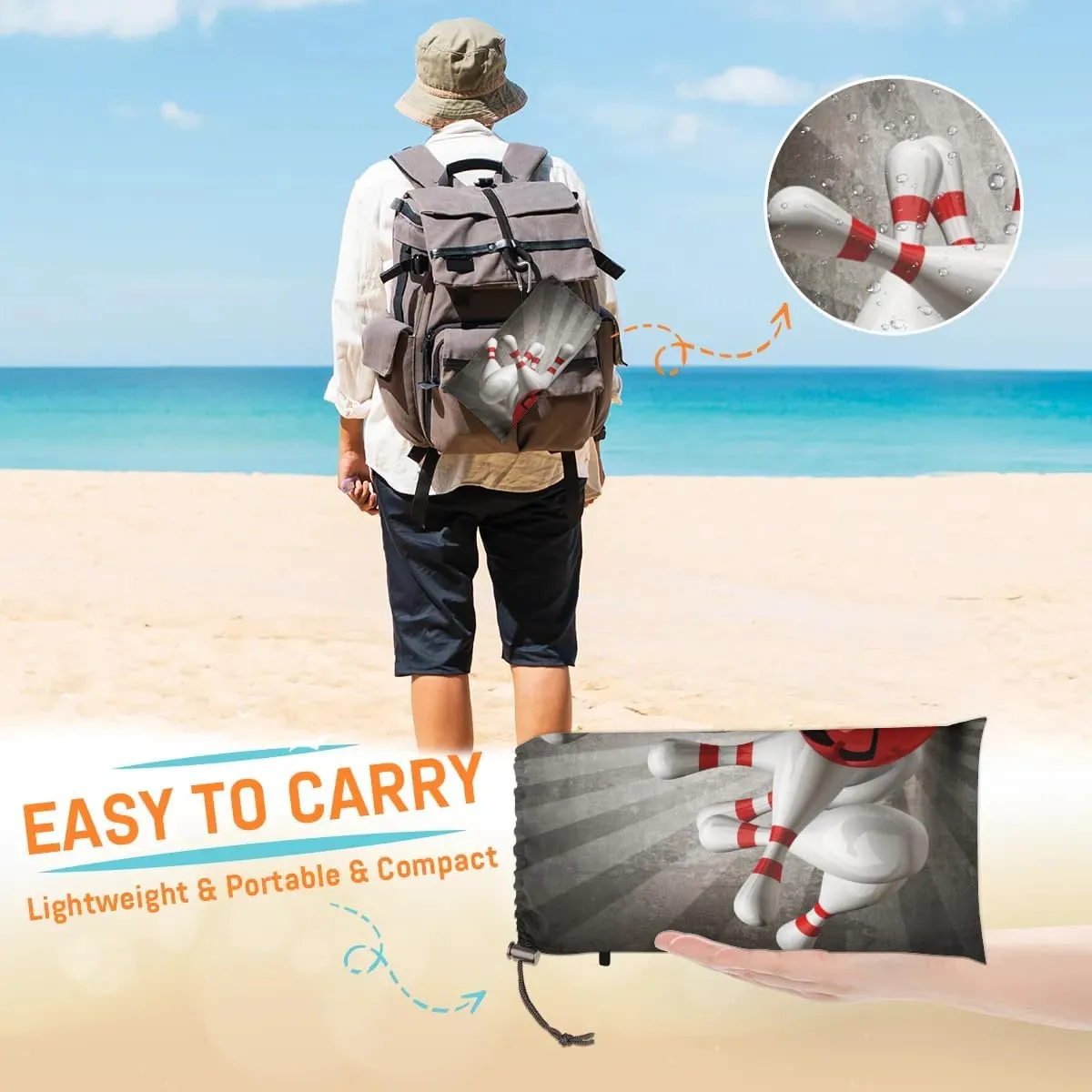 3D Bowling Ball Beach Blanket, Sandproof Beach Mat, 68 x 59 Waterproof Quick Drying Sand Free Mat with 4 x Ground Spikes for Outdoor Travel Camping Hiking, Sports Theme