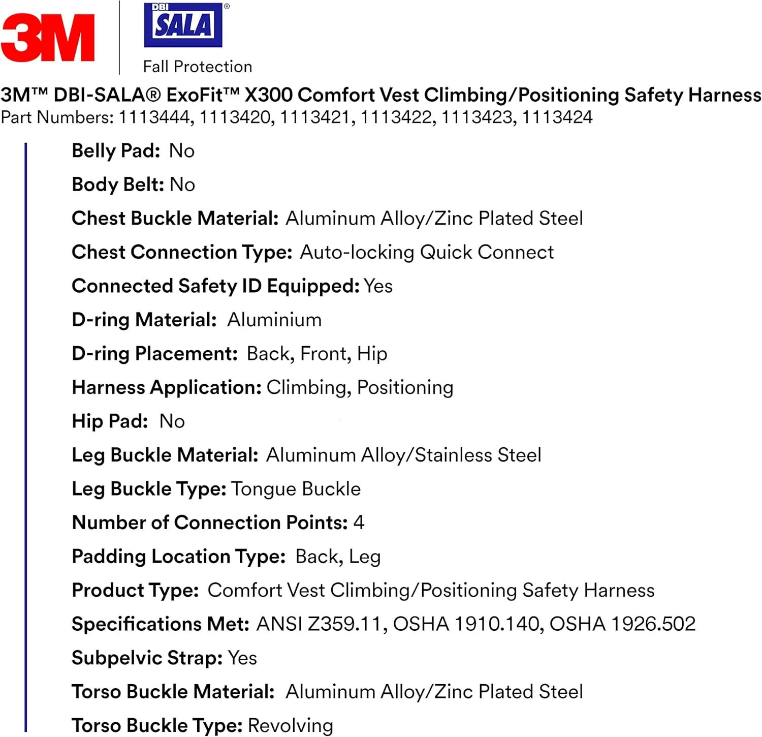 3M 1113421 DBI-SALA ExoFit X300 Comfort Vest Climbing/Positioning Safety Harness, General Industry Fall Protection, Back, Front, and Hip D-Rings, Tongue Leg Buckle, Quick Connect Chest, Medium