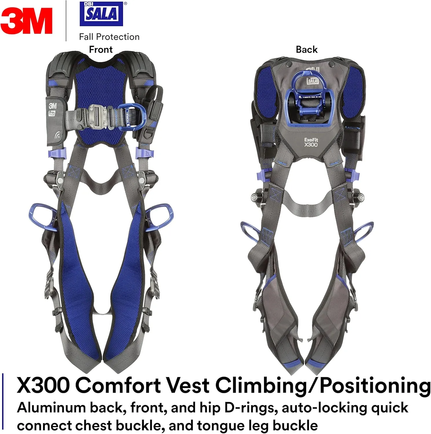 3M 1113421 DBI-SALA ExoFit X300 Comfort Vest Climbing/Positioning Safety Harness, General Industry Fall Protection, Back, Front, and Hip D-Rings, Tongue Leg Buckle, Quick Connect Chest, Medium