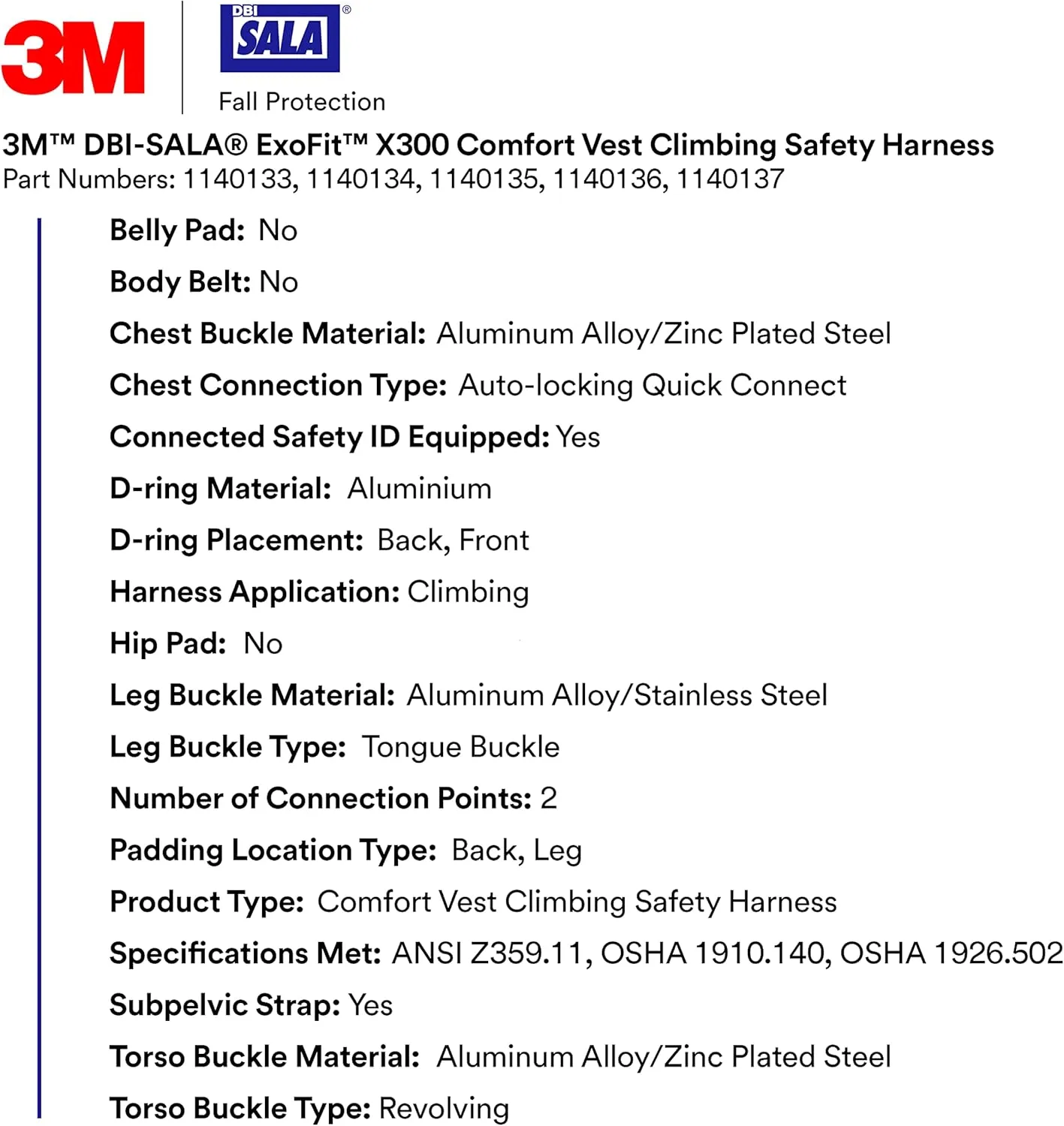 3M 1140133 DBI-SALA ExoFit X300 Comfort Vest Climbing Harness Fall Protection, OSHA, ANSI, General Industry, Aluminum Back and Front D-Ring, Leg Tongue Buckle, Small