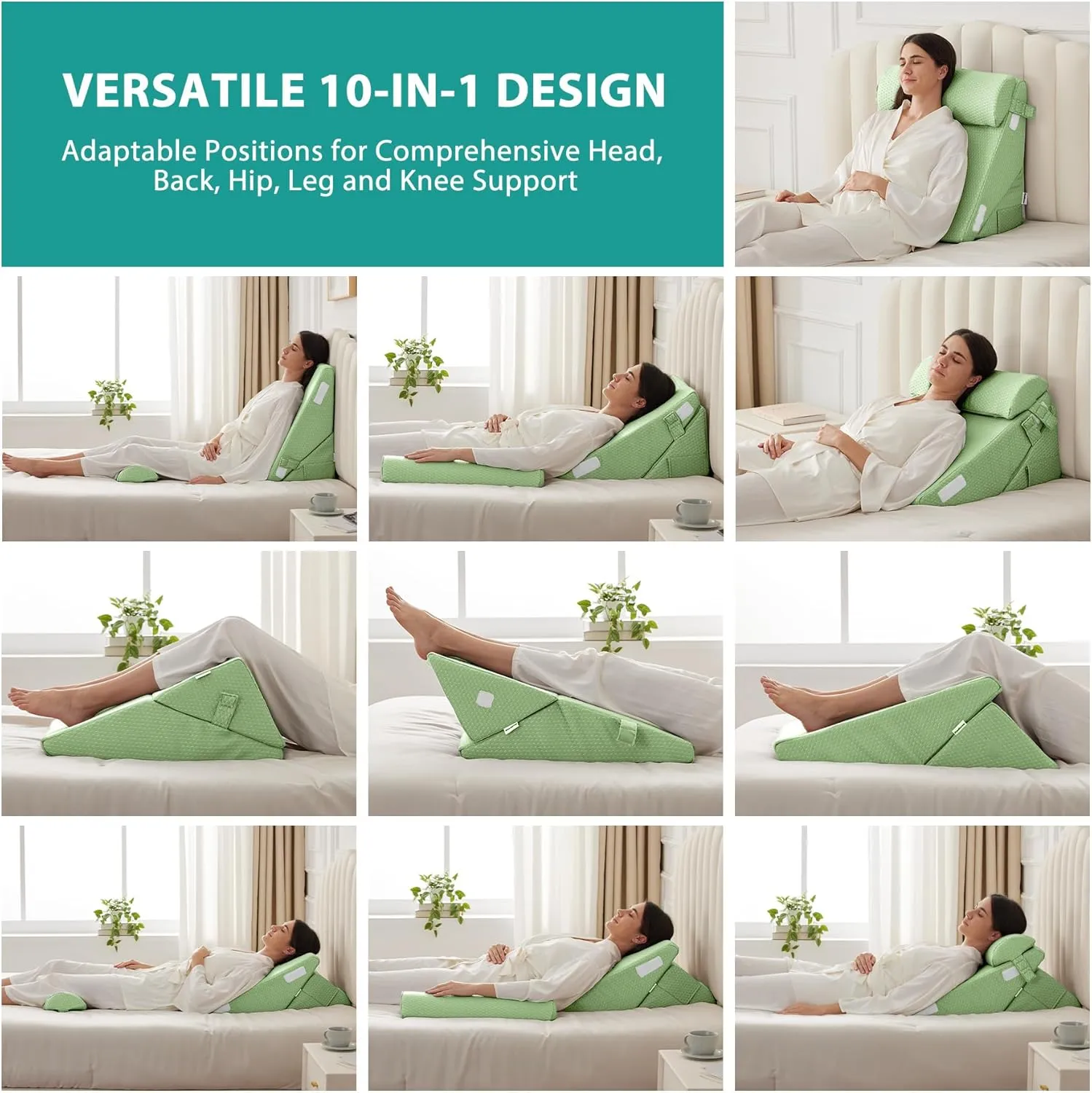 3Pcs Orthopedic Bed Wedge Pillow Set, Foam Wedge Pillow Post Surgery for Back, Leg and Knee Support, Adjustable 9&12 Inch Folding Triangle Pillow for Sleeping, Acid Reflux, Snoring, Green