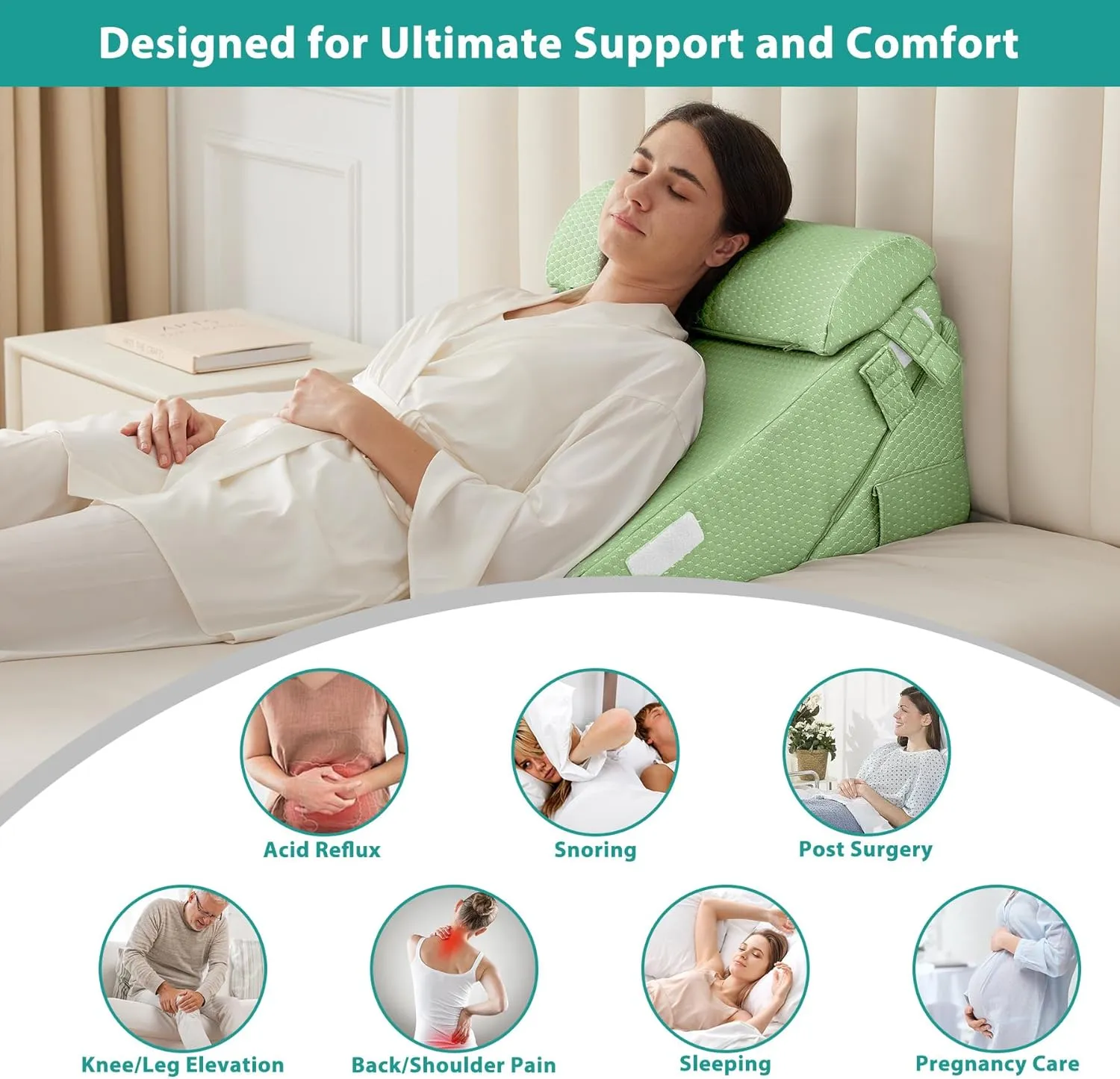 3Pcs Orthopedic Bed Wedge Pillow Set, Foam Wedge Pillow Post Surgery for Back, Leg and Knee Support, Adjustable 9&12 Inch Folding Triangle Pillow for Sleeping, Acid Reflux, Snoring, Green