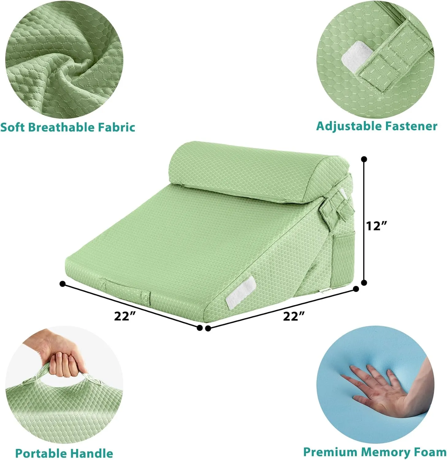 3Pcs Orthopedic Bed Wedge Pillow Set, Foam Wedge Pillow Post Surgery for Back, Leg and Knee Support, Adjustable 9&12 Inch Folding Triangle Pillow for Sleeping, Acid Reflux, Snoring, Green