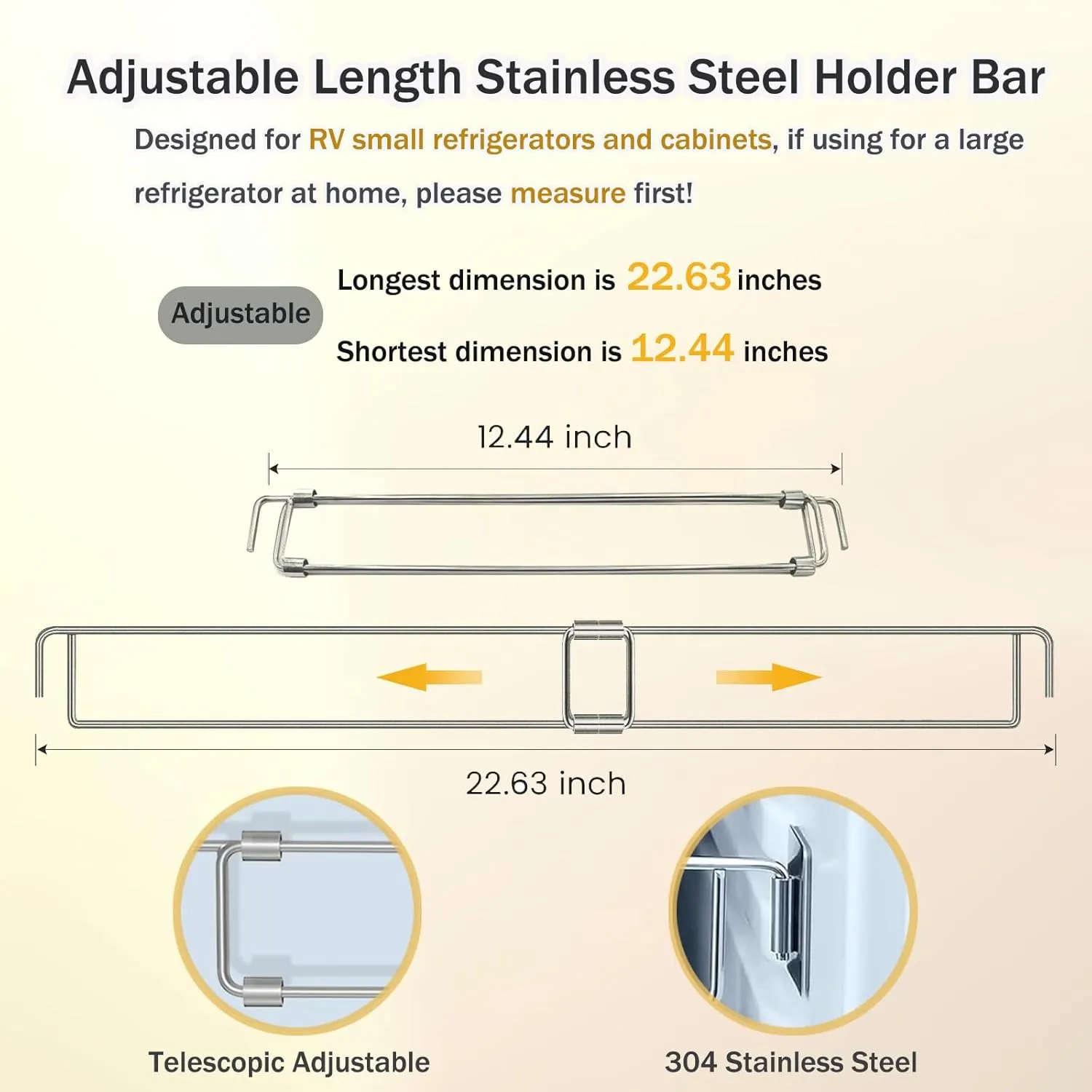 4 Pack RV Fridge Bars, Refrigerator Tension Rods, 12.44"-22.63" Adjustable, Stainless Steel RV Fridge Accessories for Camper Refrigerator, Kitchen, Cupboard, Bookshelf
