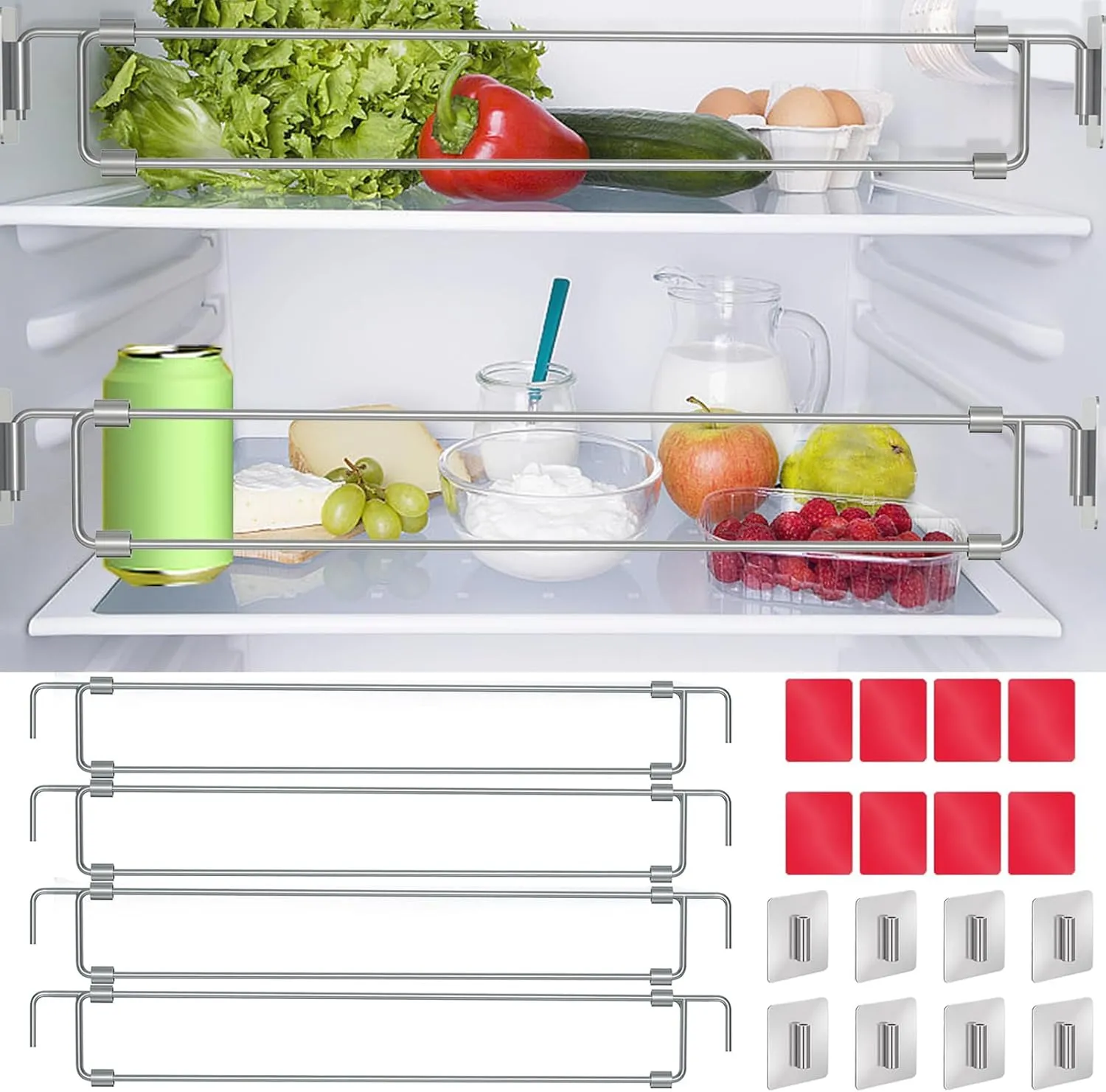 4 Pack RV Fridge Bars, Refrigerator Tension Rods, 12.44"-22.63" Adjustable, Stainless Steel RV Fridge Accessories for Camper Refrigerator, Kitchen, Cupboard, Bookshelf