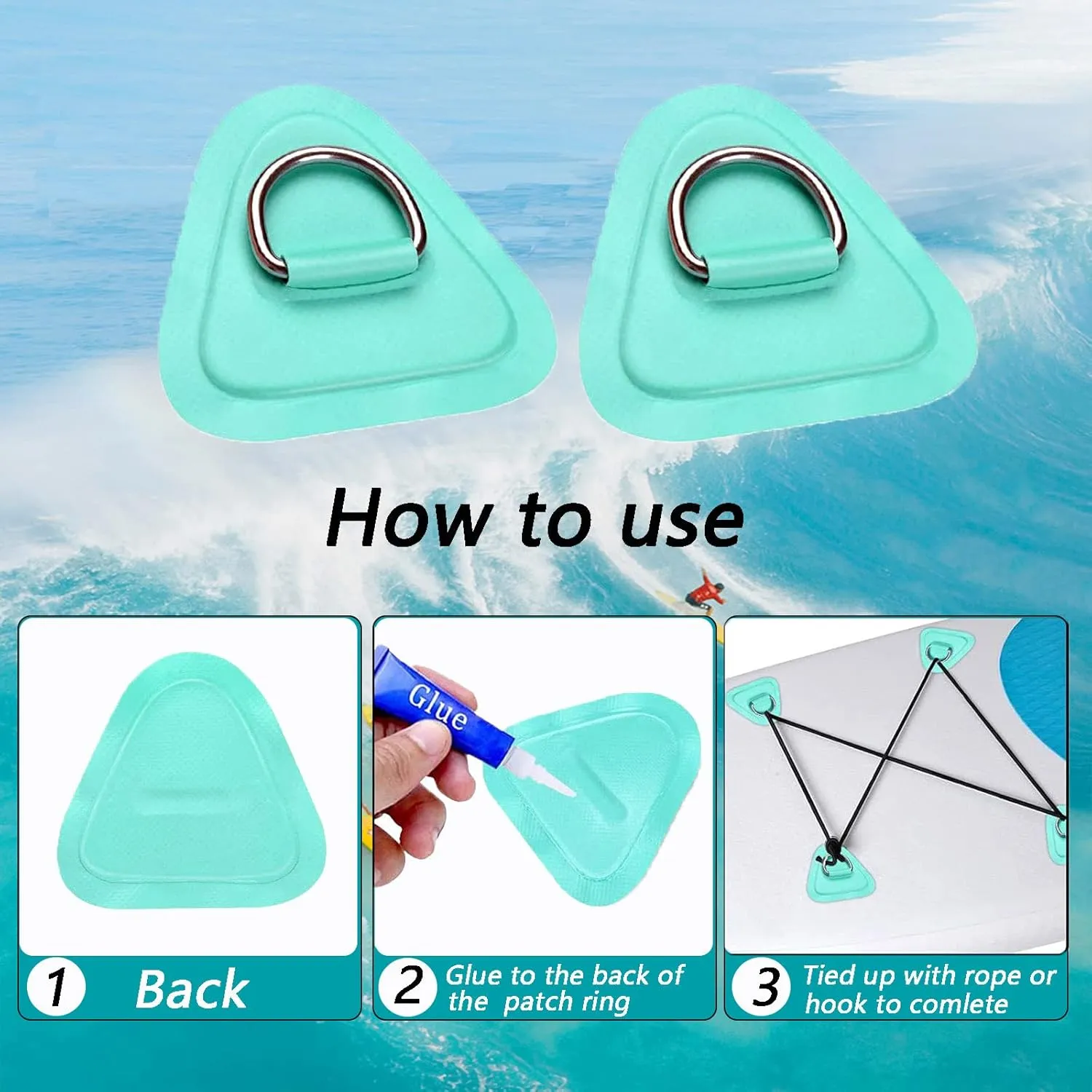 4 Pack Stainless Steel D-Ring Triangle Patch with 2.5m Black Bungee Cord,4Pcs Cord Hooks for PVC Inflatable Boat SUP Kayak Canoe Deck Accessories