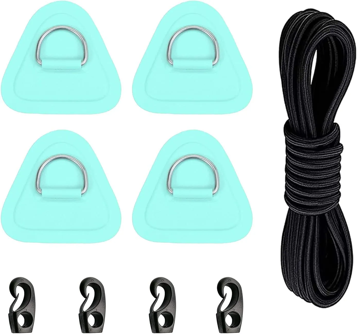 4 Pack Stainless Steel D-Ring Triangle Patch with 2.5m Black Bungee Cord,4Pcs Cord Hooks for PVC Inflatable Boat SUP Kayak Canoe Deck Accessories