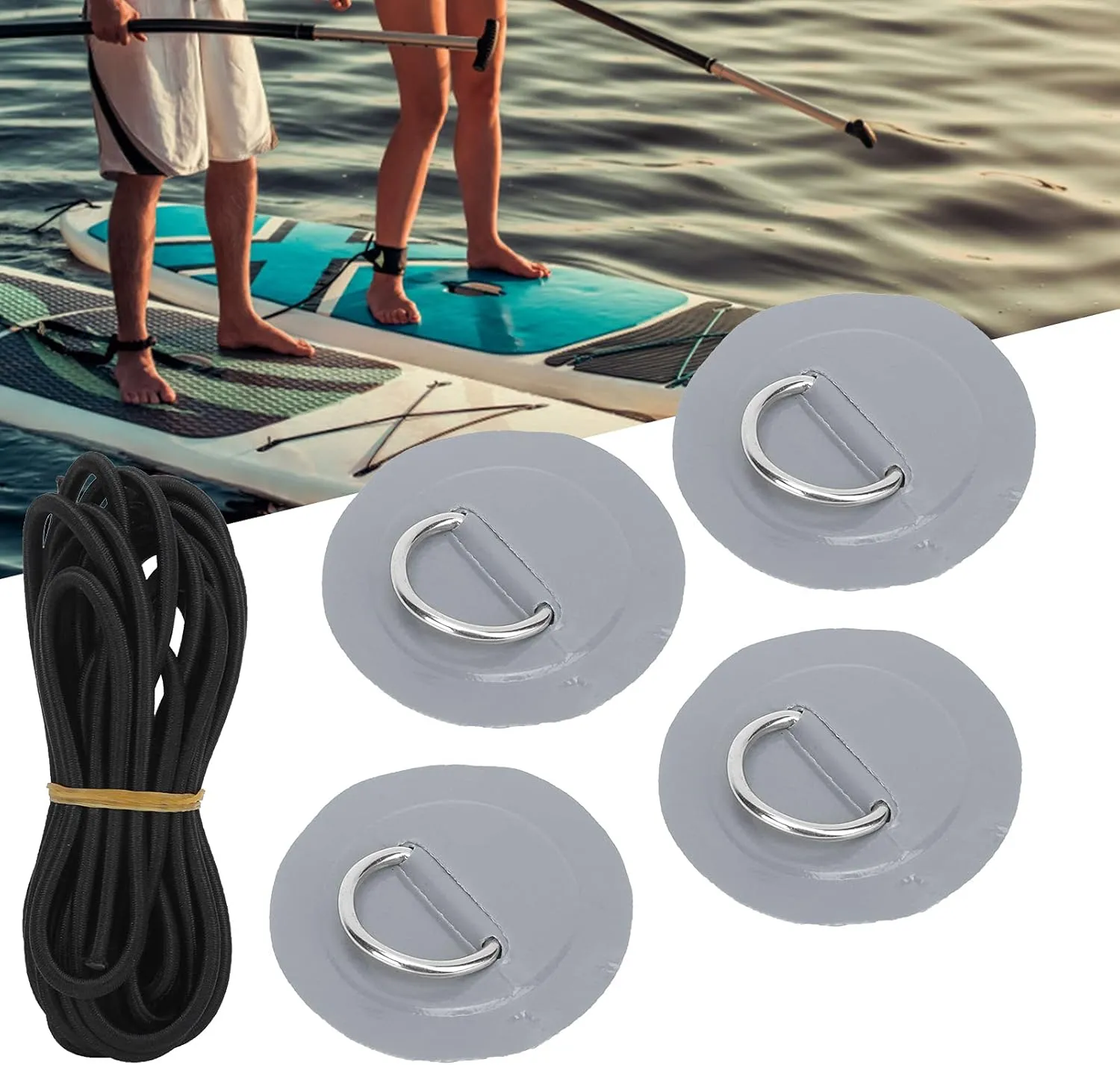 4 Pcs D Patch Elastic Rope Set with 3.6m Bungee Cord, Stainless Steel D Pad for Inflatable Boats, Rafts, Dinghies, to Install