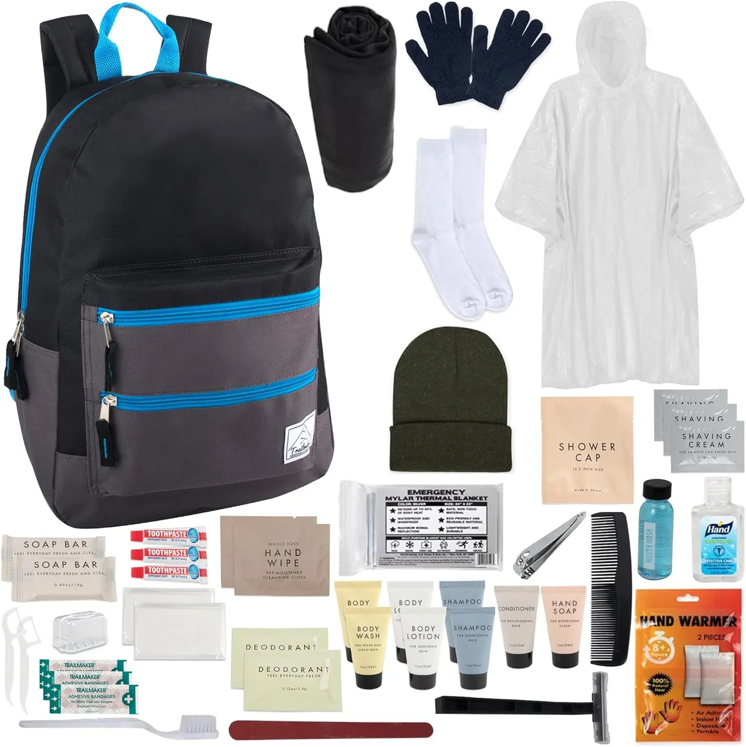 45 Piece Camping Backpack Outdoor Hygiene Kit Essentials, Individually Wrapped Personal Hygiene Kits for Homeless Men, Women (12 Kits of 45 Pieces)
