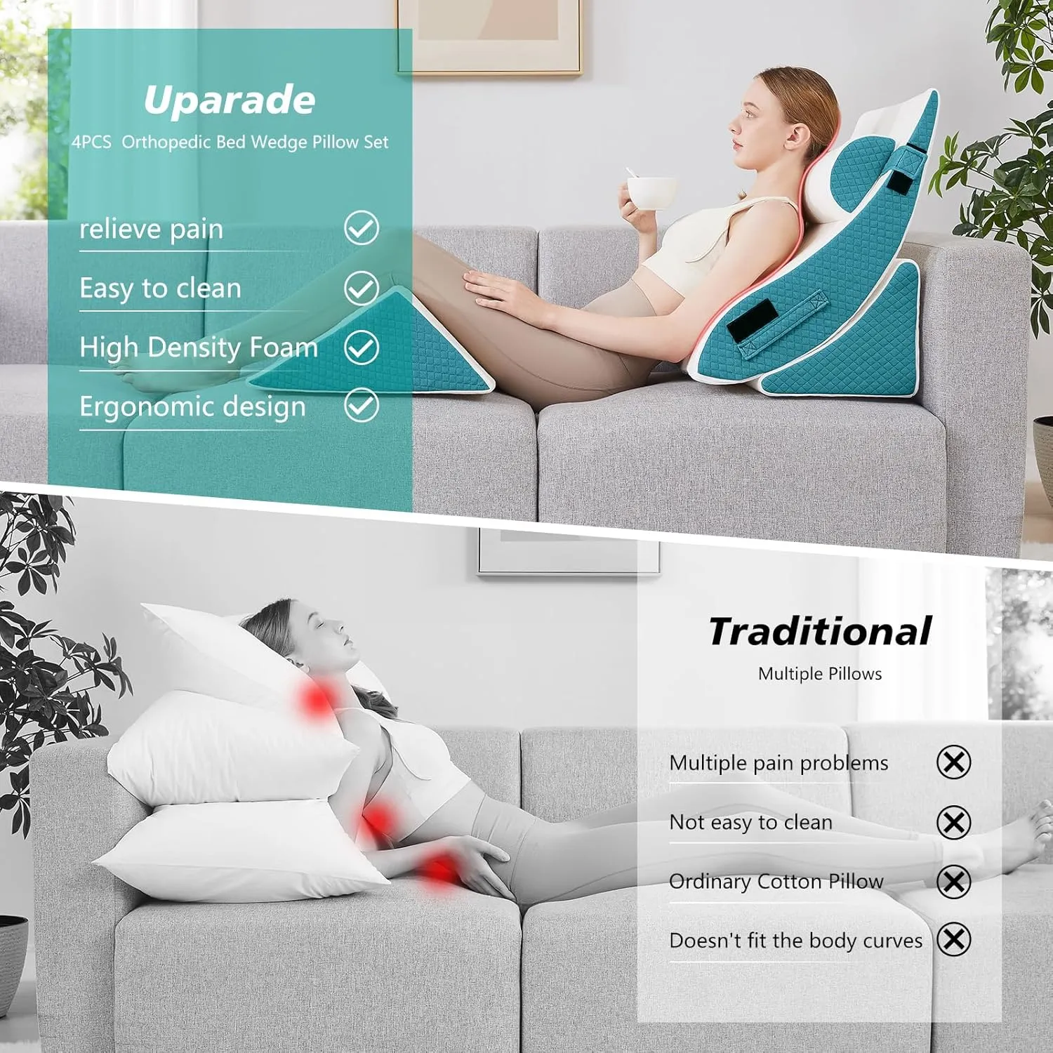 4PCS Orthopedic Bed Wedge Pillow Set - Post Surgery Pillows for Neck Back and Leg Pain Relief - Wedge Pillows for After Surgery for Acid Reflux & Sleeping & Heartburn (White Blue)