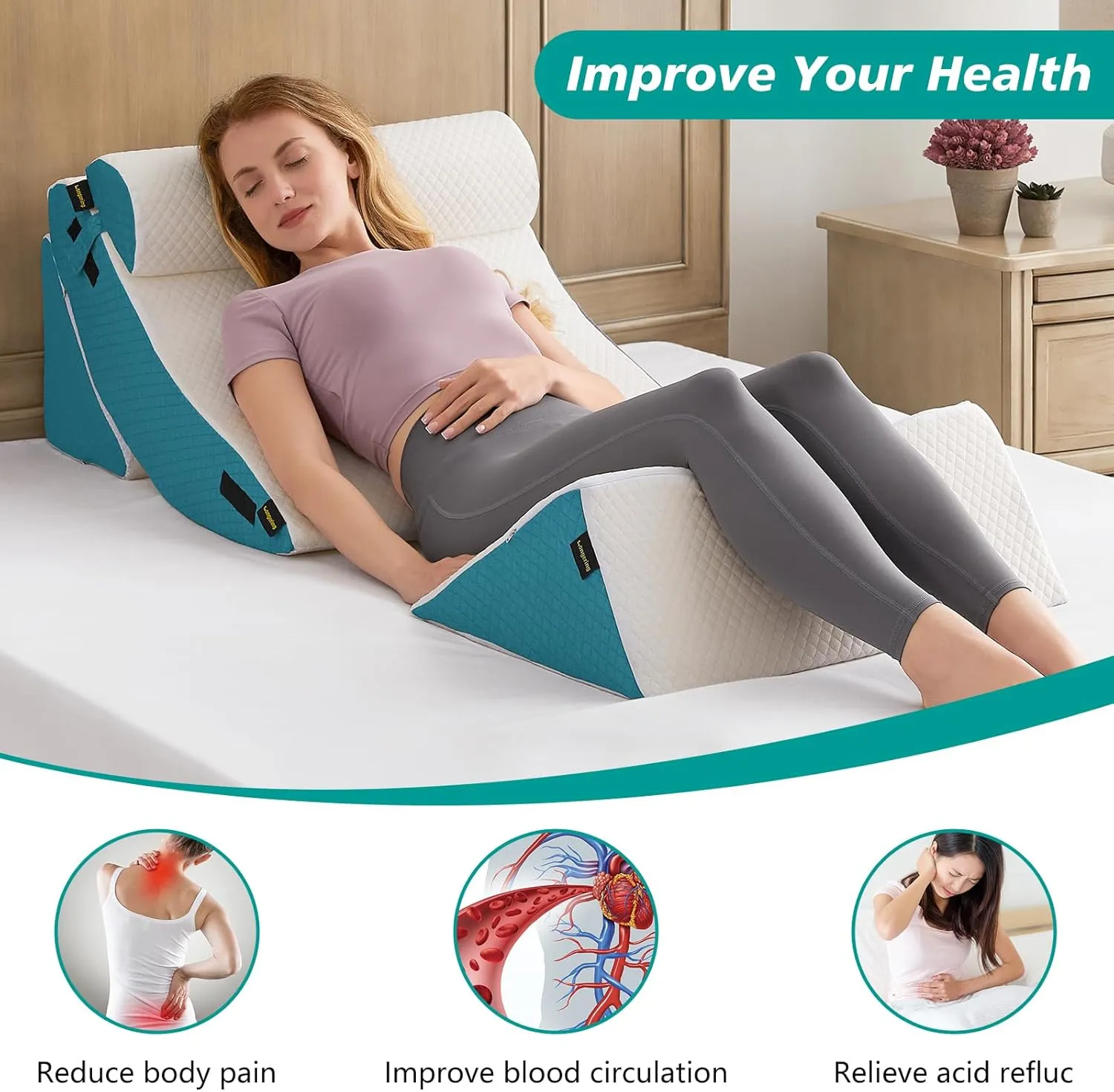 4PCS Orthopedic Bed Wedge Pillow Set - Post Surgery Pillows for Neck Back and Leg Pain Relief - Wedge Pillows for After Surgery for Acid Reflux & Sleeping & Heartburn (White Blue)