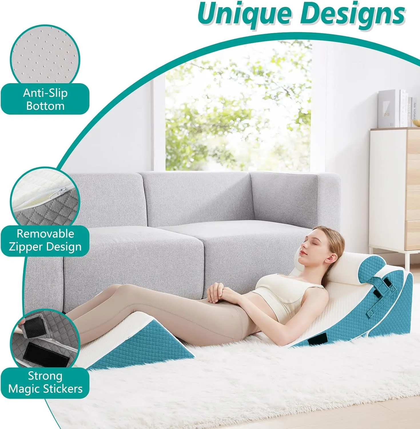 4PCS Orthopedic Bed Wedge Pillow Set - Post Surgery Pillows for Neck Back and Leg Pain Relief - Wedge Pillows for After Surgery for Acid Reflux & Sleeping & Heartburn (White Blue)