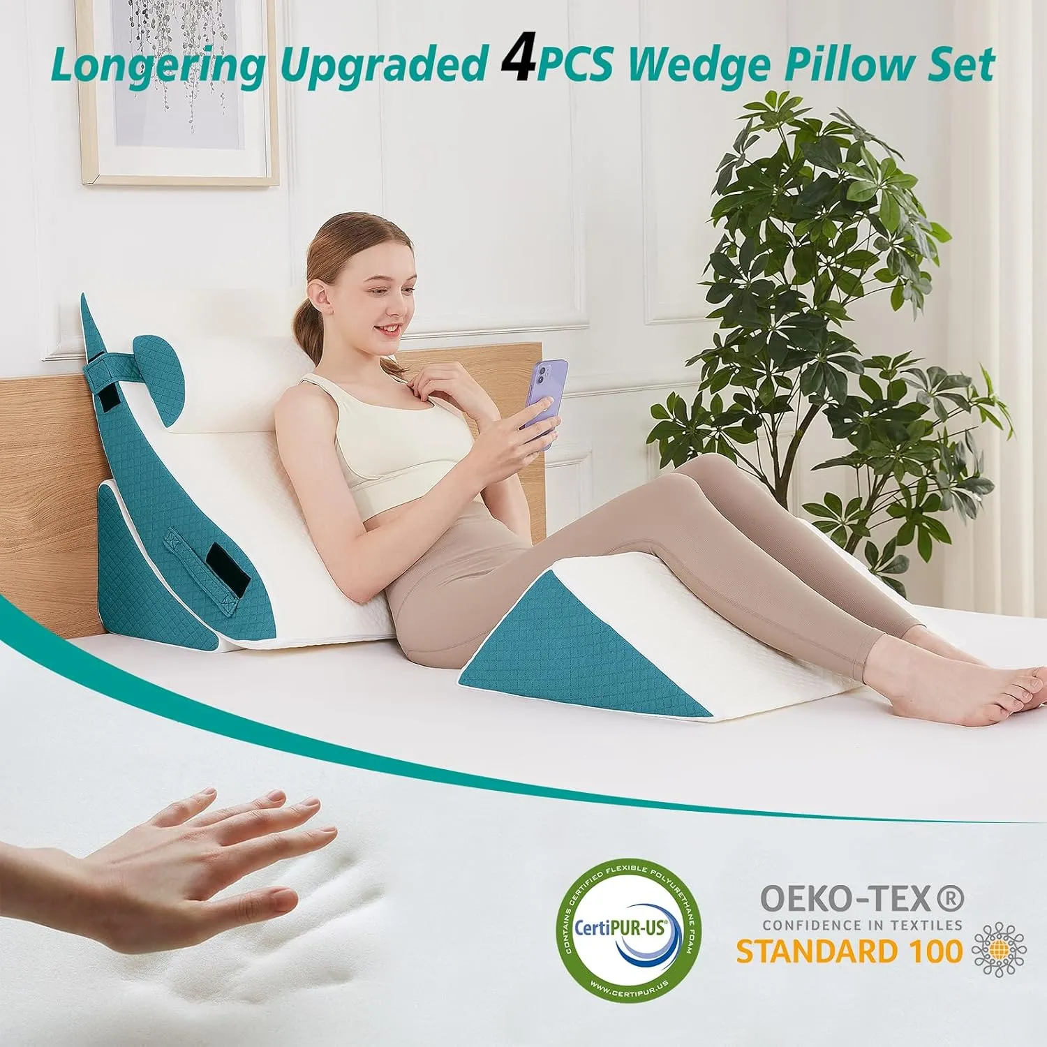 4PCS Orthopedic Bed Wedge Pillow Set - Post Surgery Pillows for Neck Back and Leg Pain Relief - Wedge Pillows for After Surgery for Acid Reflux & Sleeping & Heartburn (White Blue)