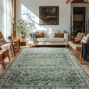 5x7 Area Rugs Washable Rugs for Living Room,Christmas Faux Wool Soft Moody Floral Boho Vintage Oriental Indoor Carpet Rug for Bedroom,5 by 7,Dark Emerald Green