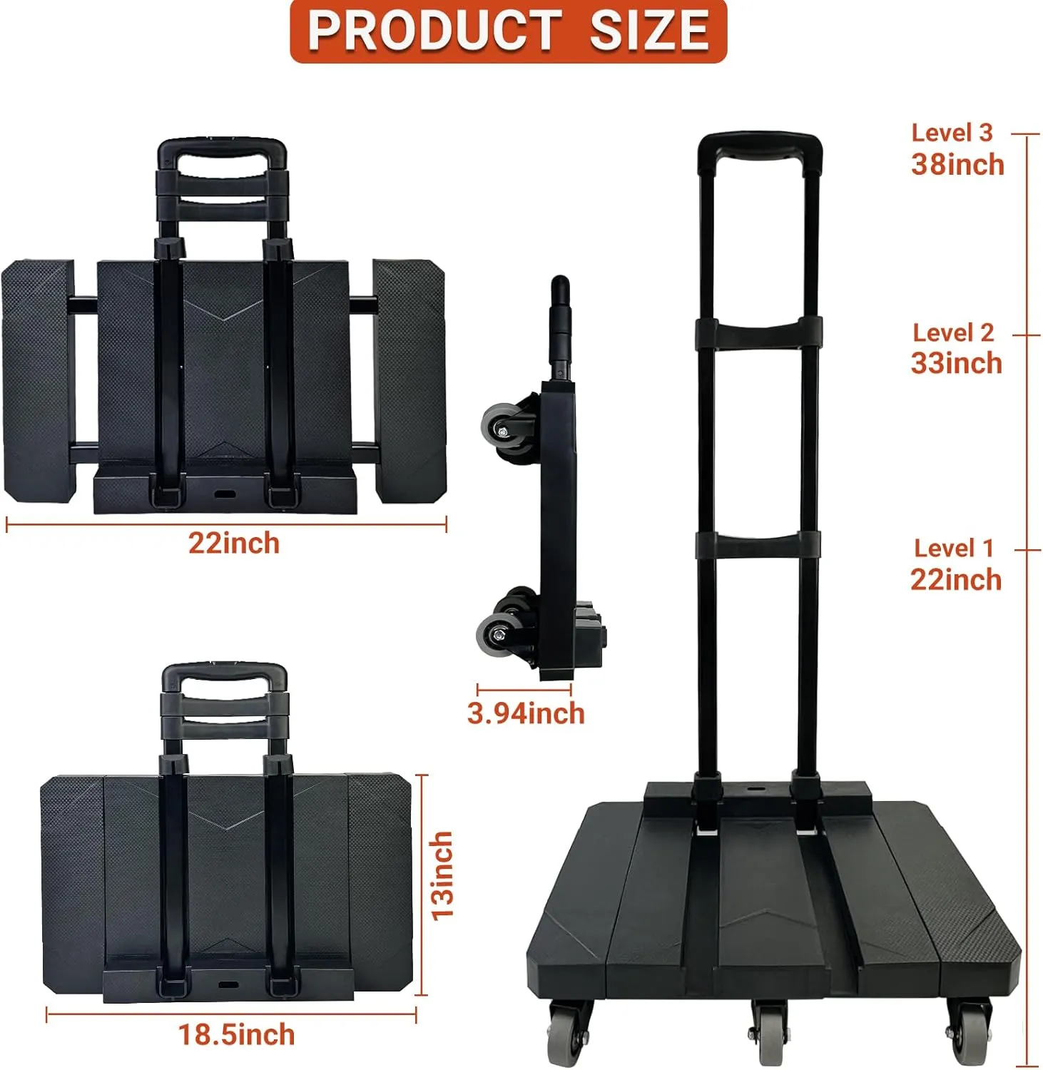 600 LB Folding Hand Truck, Heavy Duty Luggage Cart, Utility Dolly Platform Cart with 6 Wheels & 2 Elastic Ropes with Extendable Base for Luggage, Travel, Moving, Shopping, Office Use, Black