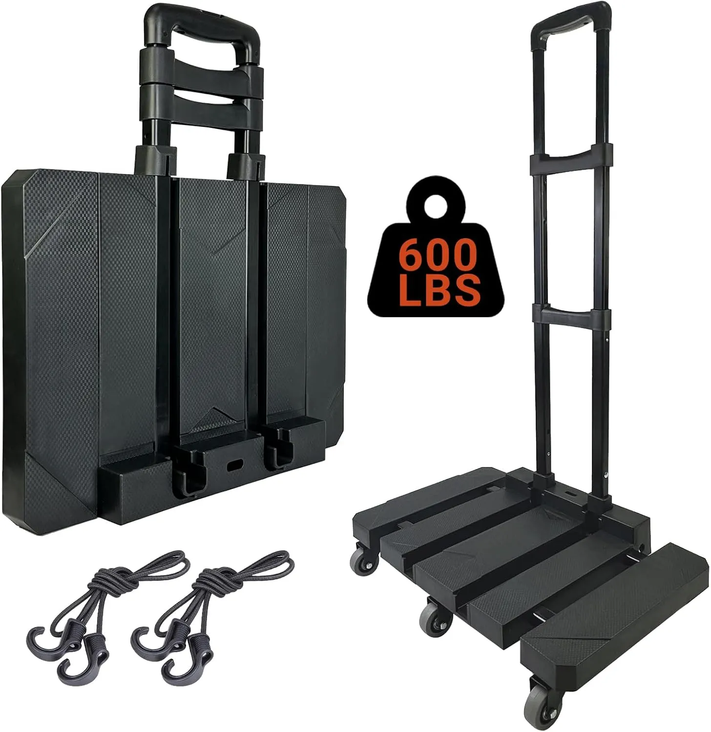 600 LB Folding Hand Truck, Heavy Duty Luggage Cart, Utility Dolly Platform Cart with 6 Wheels & 2 Elastic Ropes with Extendable Base for Luggage, Travel, Moving, Shopping, Office Use, Black
