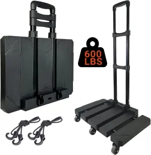 600 LB Folding Hand Truck, Heavy Duty Luggage Cart, Utility Dolly Platform Cart with 6 Wheels & 2 Elastic Ropes with Extendable Base for Luggage, Travel, Moving, Shopping, Office Use, Black