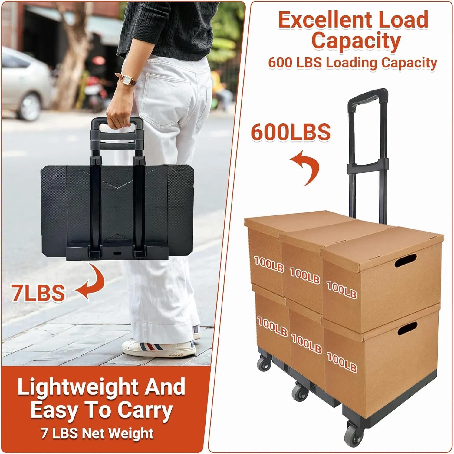 600 LB Folding Hand Truck, Heavy Duty Luggage Cart, Utility Dolly Platform Cart with 6 Wheels & 2 Elastic Ropes with Extendable Base for Luggage, Travel, Moving, Shopping, Office Use, Black