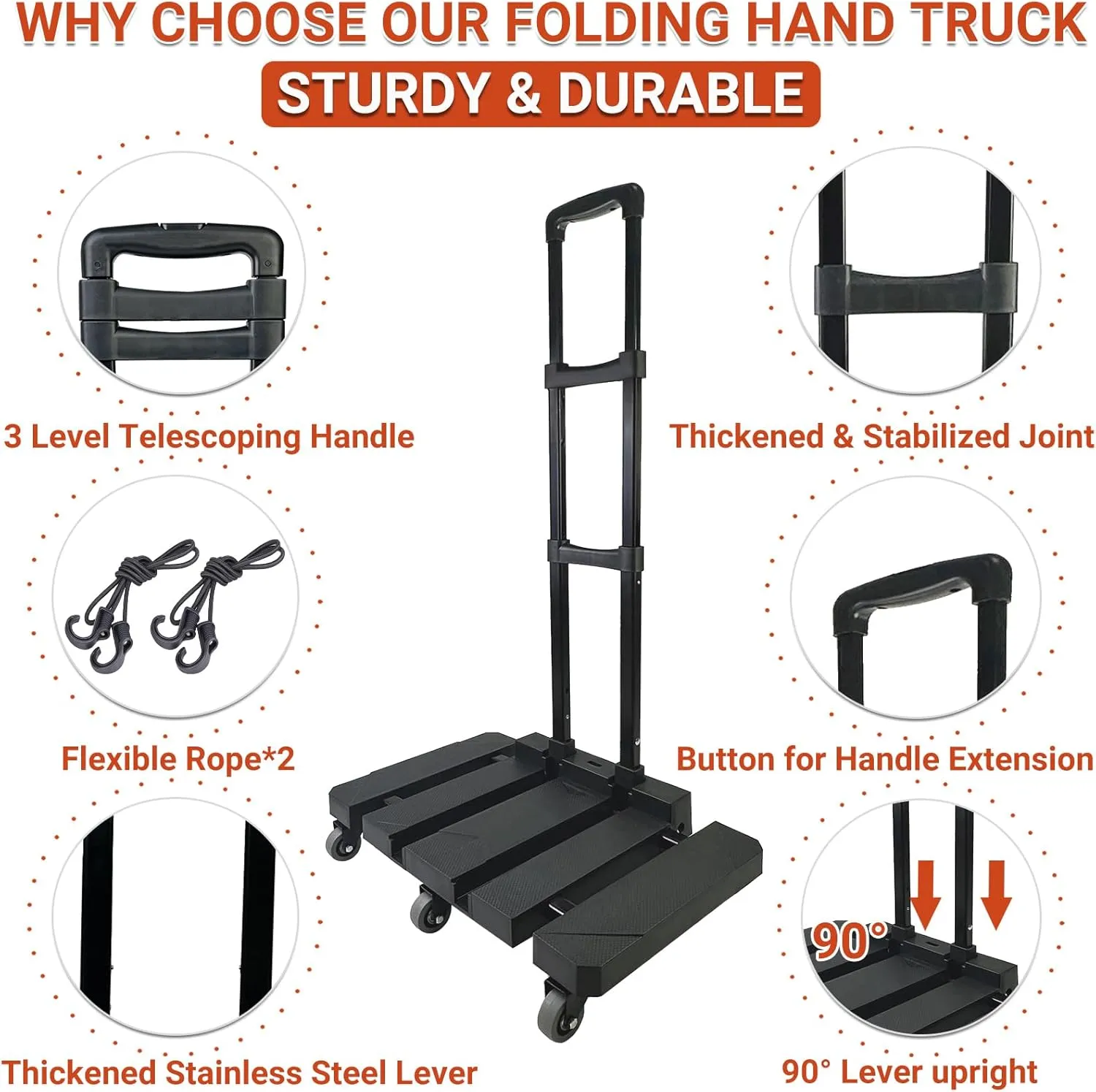 600 LB Folding Hand Truck, Heavy Duty Luggage Cart, Utility Dolly Platform Cart with 6 Wheels & 2 Elastic Ropes with Extendable Base for Luggage, Travel, Moving, Shopping, Office Use, Black