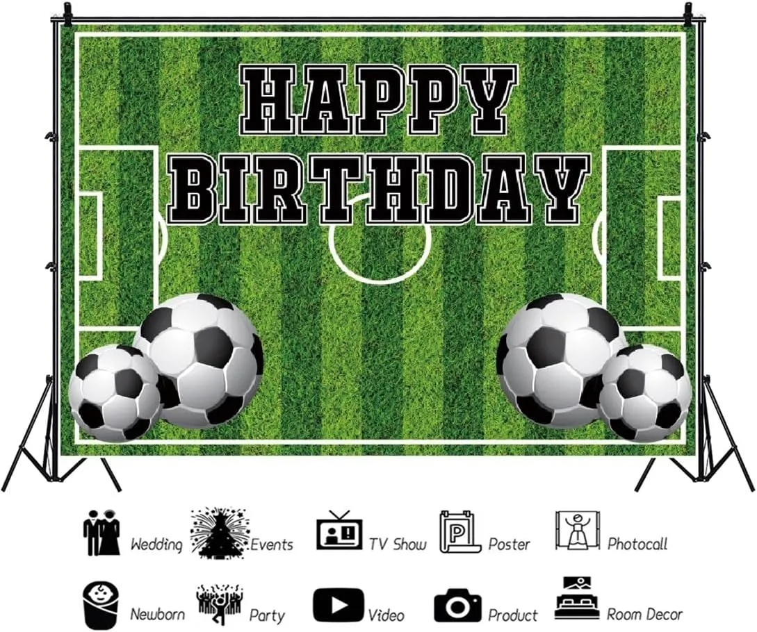 6x4ft Happy Birthday Backdrop Green Grassland Soccer Field Stadium Football Sports Playground Photography Background Baby Shower Children Adult Artistic Portraits Studio Photo Props