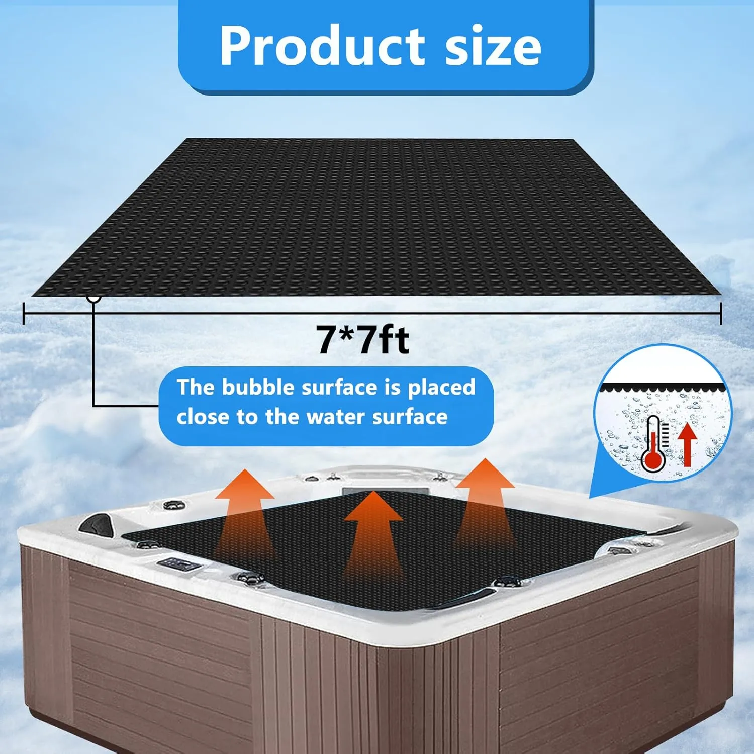 7 x 7 FT Spa and Hot Tub Cover, 16Mil Square Hot Tub Thermal Blanket, Insulation Solar Blanket Bubble Cover for Energy Efficiency & Safety