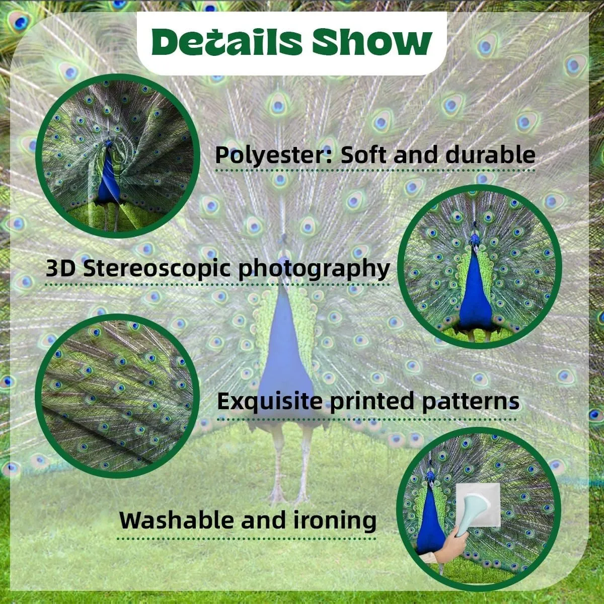 7x5ft Peacock Backdrop Colorful Peacock Feather Green Meadow Outdoor Wild Animal Photography Background Birthday Party Holiday Baby Shower Portrait Studio Photo Props Polyester