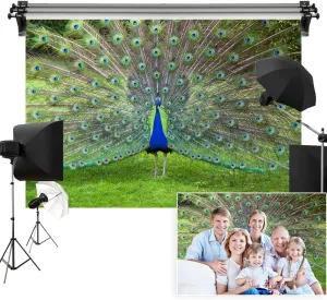 7x5ft Peacock Backdrop Colorful Peacock Feather Green Meadow Outdoor Wild Animal Photography Background Birthday Party Holiday Baby Shower Portrait Studio Photo Props Polyester
