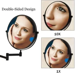8 Inch Wall Mounted Makeup Mirror 1X/10X Magnifying Double Sided 360° Swivel Extendable Shaving Cosmetic Mirror Round Vanity Mirror for Bathroom Hotels Black