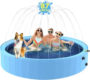 87'' Foldable Dog Pool, Sprinkler Pool for Kids, Non-Slip Heavy Duty Dogs Splash Pad for Small Dogs, Hard Plastic Kiddie Bathtubs for Backyard