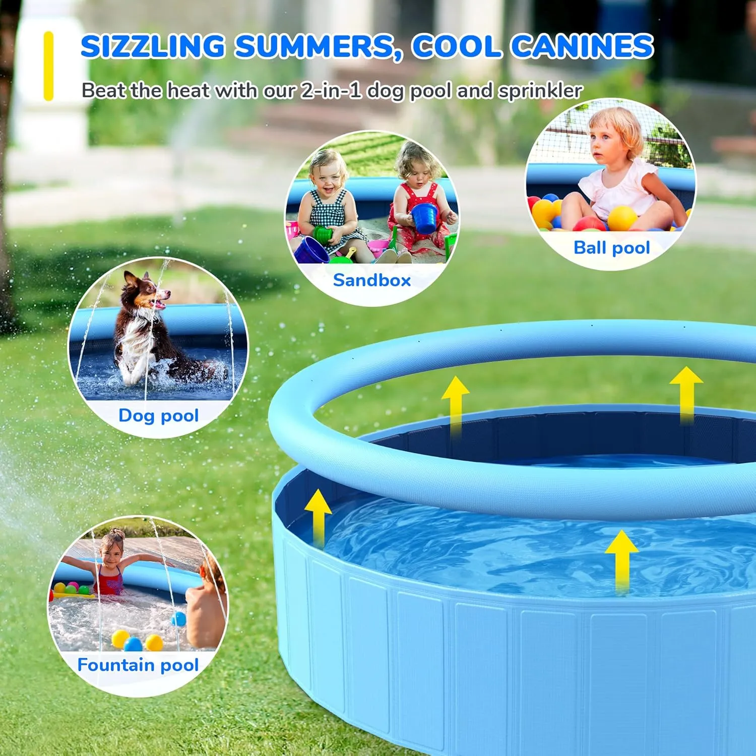 87'' Foldable Dog Pool, Sprinkler Pool for Kids, Non-Slip Heavy Duty Dogs Splash Pad for Small Dogs, Hard Plastic Kiddie Bathtubs for Backyard