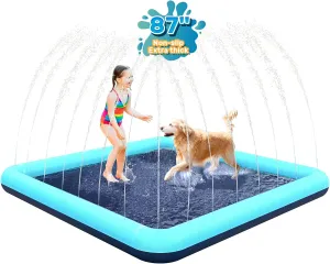 87'' Splash Pad for Dogs, Non-Slip Sprinkler for Kids, Square Splash Pad for Kids Ages 4-8, Splash Pads for Toddlers 1-3, Dog Sprinkler Shallow Pool, Outdoor Water Toys for Backyard, Teal