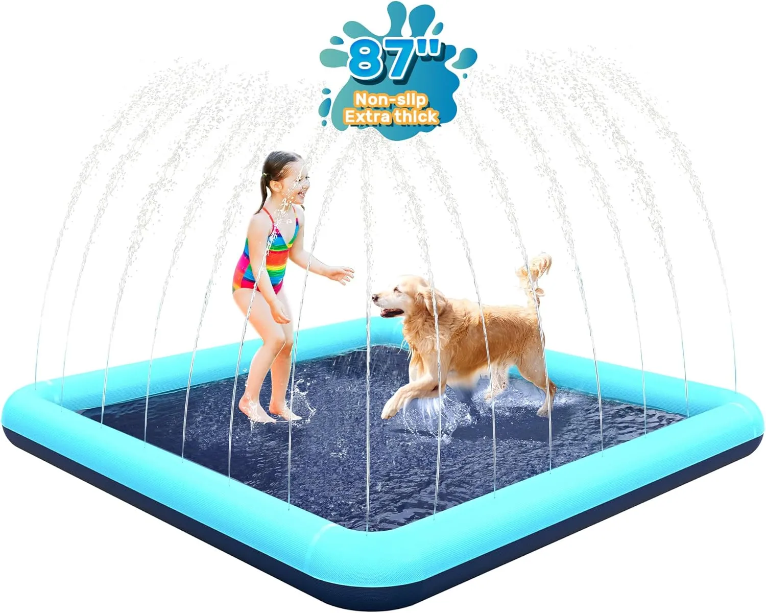 87'' Splash Pad for Dogs, Non-Slip Sprinkler for Kids, Square Splash Pad for Kids Ages 4-8, Splash Pads for Toddlers 1-3, Dog Sprinkler Shallow Pool, Outdoor Water Toys for Backyard, Teal
