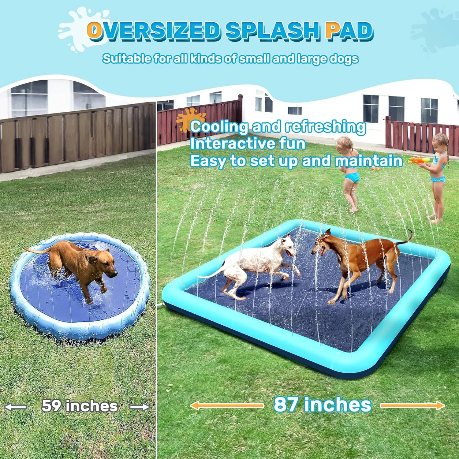 87'' Splash Pad for Dogs, Non-Slip Sprinkler for Kids, Square Splash Pad for Kids Ages 4-8, Splash Pads for Toddlers 1-3, Dog Sprinkler Shallow Pool, Outdoor Water Toys for Backyard, Teal