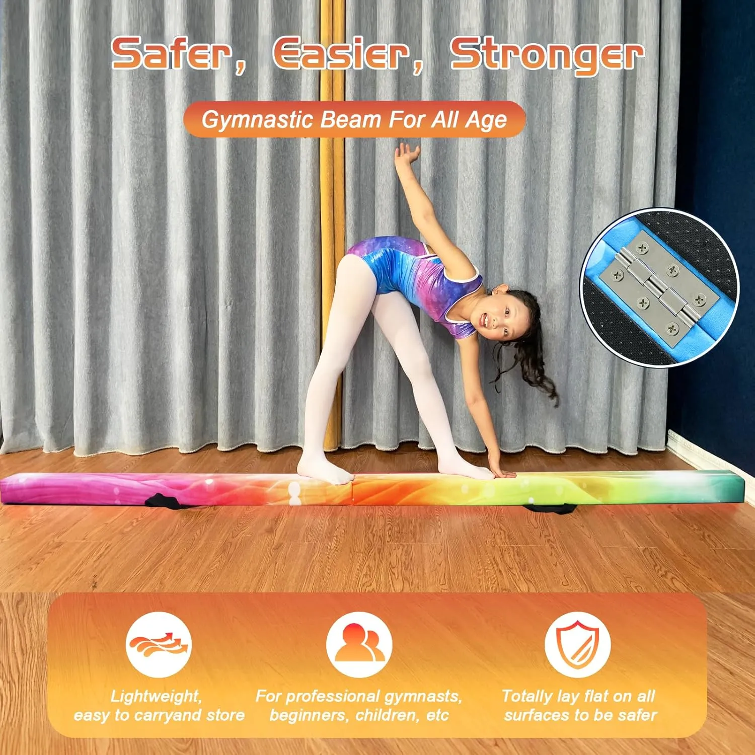 8FT Folding Balance Beam -Gymnastics Floor Beam -Gymnastics Equipment for Kids,Wood core- Anti-Slip Bottom and Carrying Bag for Home