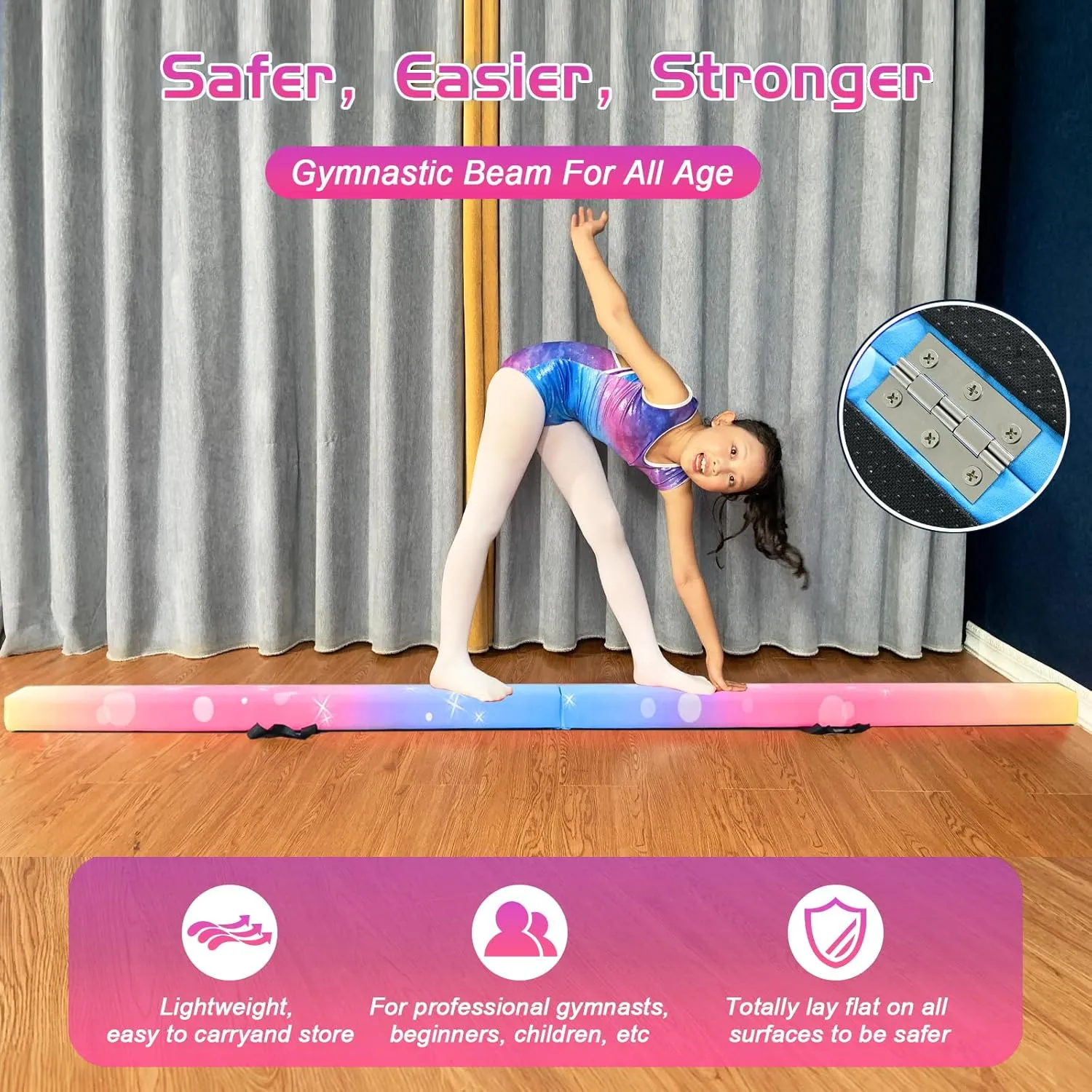 8FT Folding Balance Beam -Gymnastics Floor Beam -Gymnastics Equipment for Kids,Wood core- Anti-Slip Bottom and Carrying Bag for Home
