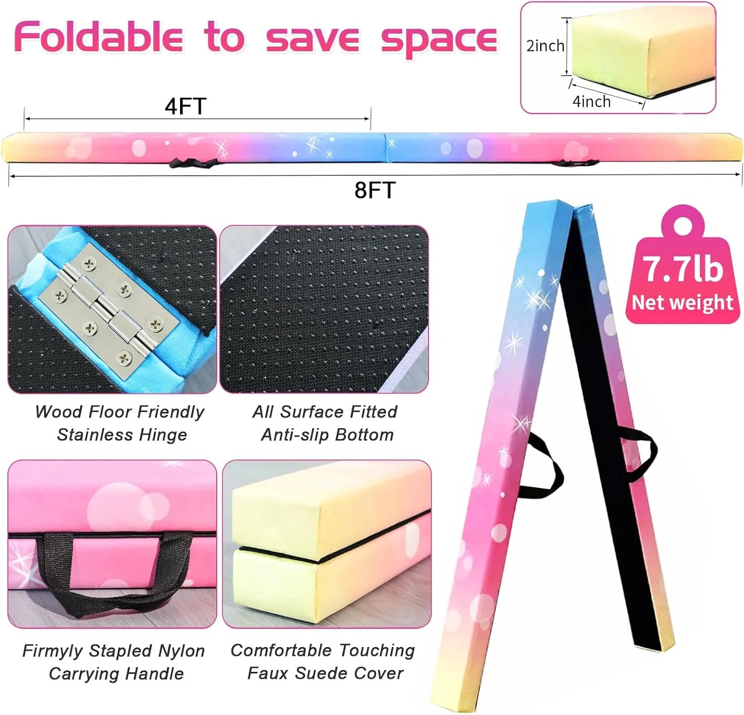 8FT Folding Balance Beam -Gymnastics Floor Beam -Gymnastics Equipment for Kids,Wood core- Anti-Slip Bottom and Carrying Bag for Home