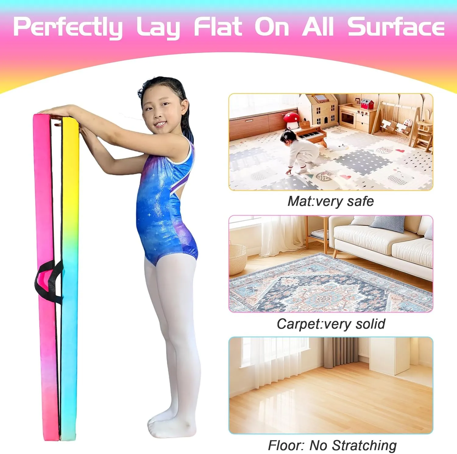 8FT Folding Balance Beam -Gymnastics Floor Beam -Gymnastics Equipment for Kids,Wood core- Anti-Slip Bottom and Carrying Bag for Home